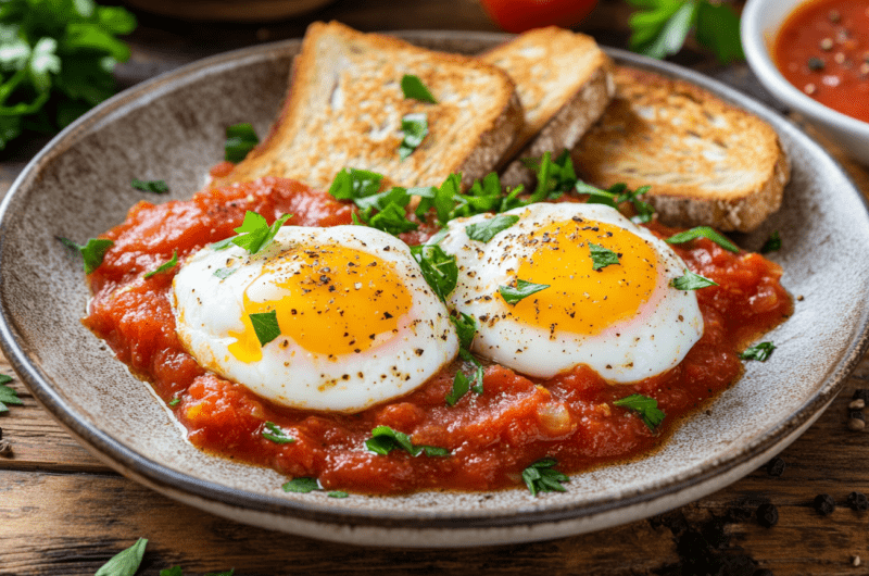 Poached Eggs in Spicy Tomato Sauce on Toast