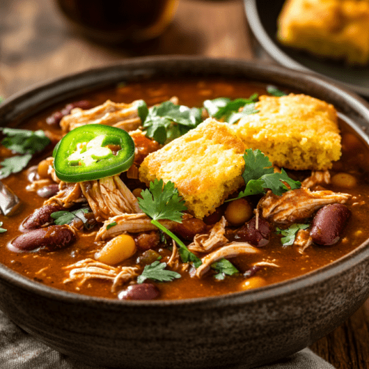 Southwest Cornbread Squares 8 Slow-Cooker Shredded Chicken Chili with Cornbread Toppers_ done