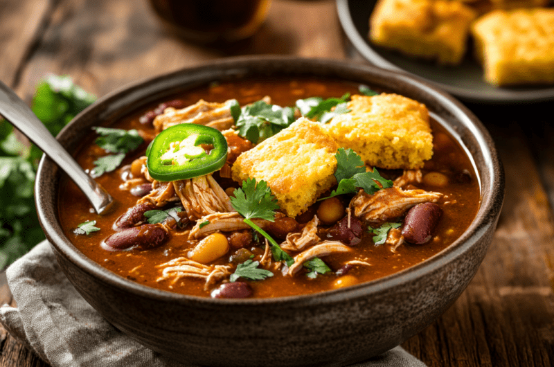 Slow-Cooker Shredded Chicken Chili with Cornbread Toppers
