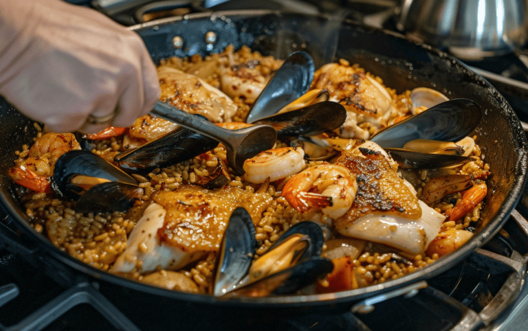 Delicious Spanish Seafood and Chicken Paella with Chorizo