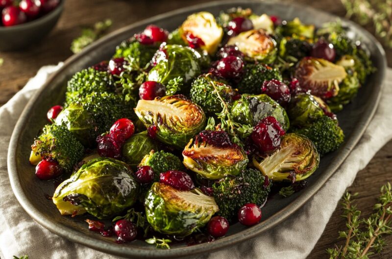Crispy Roasted Brussels and Broccoli with Cranberry Glaze