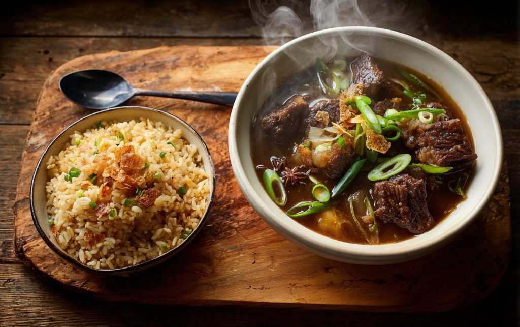 Hearty Beef Stew Garlic Rice