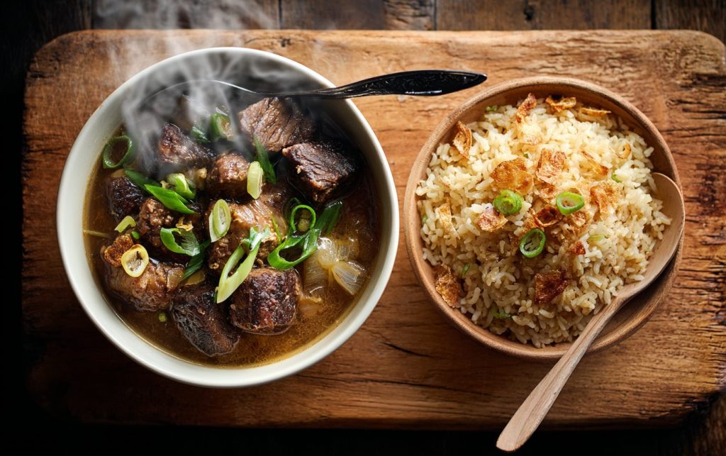 Hearty Beef Stew Garlic Rice